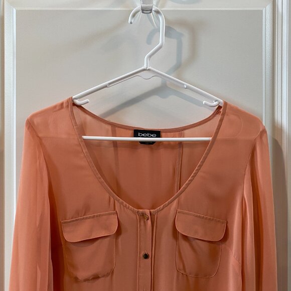 Bebe Sheer Peach Button Front Top w Open Split Backing Size Medium - Picture 2 of 9